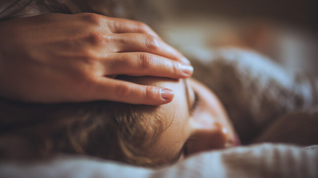 close up of a mothers hand resting gently on her sick childs forehead, emotional portrait of a mom caring for her son with fever in bed, tender family healthcare and parenting moment.