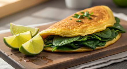 Spinach and lime omelette on wooden board