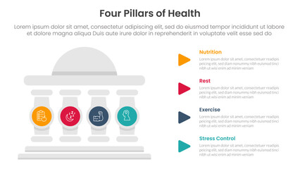 4 pillars of health infographic template banner with round building and circle pillar badge for slide presentation vector