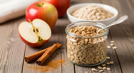 Jar of oats with apples and cinnamon