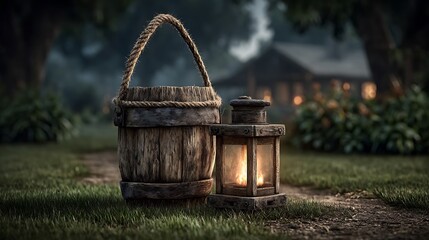 Rustic wooden bucket with thick rope handle rests beside an old square lantern casting a warm glow near a dimly lit countryside home at dusk.