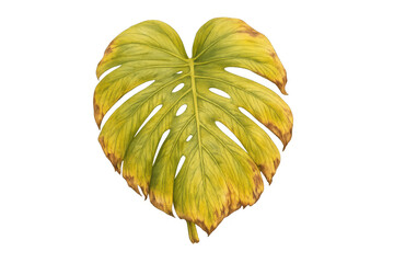Monstera deliciosa leaf turning yellow and brown, dying tropical houseplant showing decay and drying process