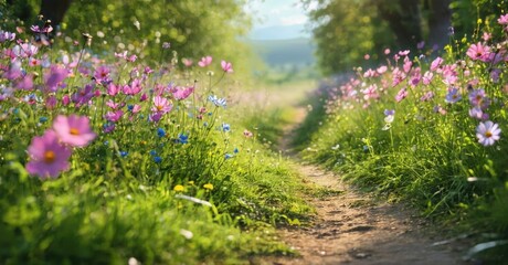 Naklejka premium Lush meadow path winds through vibrant wildflowers. Sunlight filters, creating peaceful, idyllic scene. Natures beauty flourishes.