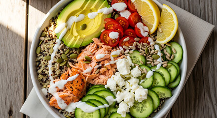Vibrant salmon quinoa bowl with fresh toppings