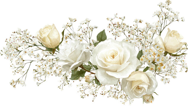 Soft arrangement white roses amidst delicate baby's breath