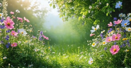 Naklejka premium Lush meadow blooms, vibrant colors, sunlight filters through trees. Peaceful scene evokes serenity, natural beauty, springtime joy.