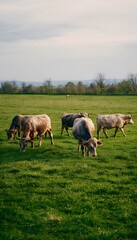 Fototapeta premium Serene spring pasture cows graze peacefully under soft light a tranquil rural landscape scene