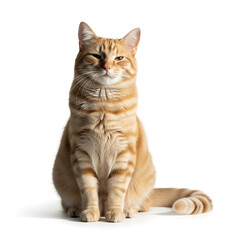 Calm orange tabby cat sitting upright isolated on a transparent background