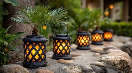 Decorative outdoor pathway lanterns featuring warm flickering light illuminate a tropical garden border beside natural landscaping stones creating ambiance