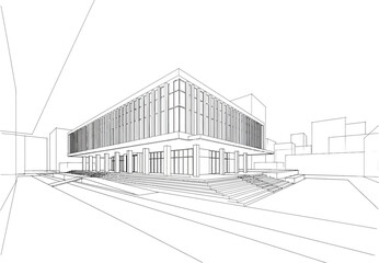 Hand-Drawn Architectural Perspective of Contemporary Commercial Building Design