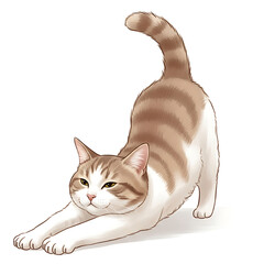 Cat stretching with white and brown fur isolated on a transparent background