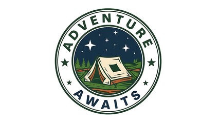 Circular camping adventure seal with tent and stars isolated on a transparent background