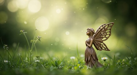 Obraz premium Enchanted Fairy in Nature's Embrace: A delicate fairy figurine, with translucent wings, finds solace in a sun-dappled field, surrounded by lush green grass.