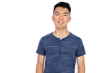 An Asian teenager smiles warmly at the camera, wearing a blue shirt against a white background, ideal for casual portrait, student profile, or youth lifestyle concepts.