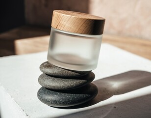 Blank Frosted Glass Cosmetic Jar Mockup on Zen River Stones
