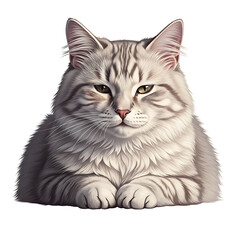 Fluffy Gray Cat with Green Eyes Sitting isolated on a transparent background