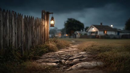 Antique lantern illuminates a rustic wooden fence post beside a worn dirt path leading toward a distant welcoming farmhouse during twilight hours