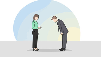 Businesswoman Gesturing Respect to Businessman Bowing