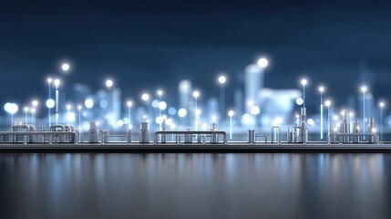Fototapeta premium Nighttime industrial scene with glowing lights reflecting on water, showcasing modern technology and urban infrastructure in a serene environment