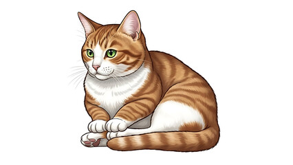 Orange and white cat sitting with green eyes isolated on a transparent background