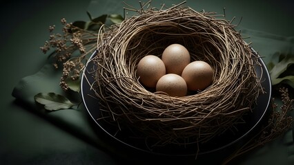 Spring travel vacation a bird's summer nest with easter eggs