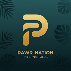 Modern 'Rawr Nation International' logo with a stylized golden roaring tiger head and tropical leaf accents on a dark teal background.