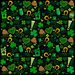 Seamless St.Patrick's day background. Seamless Pattern background with three - leaved shamrocks. St. Patrick's day holiday symbol. Irish symbols of the holiday. 17 march.  vector illustration