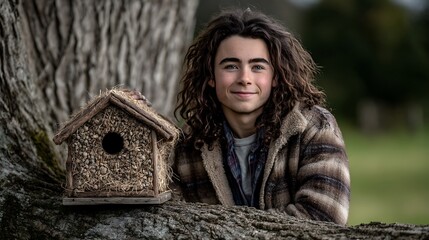 Young smiling boy with long curly hair proudly poses next to a rustic handcrafted birdhouse mounted securely upon a large tree trunk outdoors