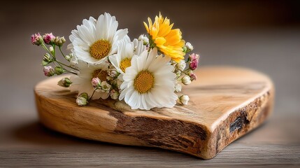 Fototapeta premium Creative graphic asset: stump daisy heart hi-contrast white-green + wood tone, ample negative space razor-sharp easy clip, ideal for “Love Natural” poster or eco-NGO cover