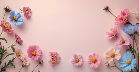 Fototapeta premium Pink background features cosmos flowers. Delicate petals, vibrant hues create soft, floral display. Simple, elegant composition.