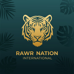 Luxurious 'Rawr Nation International' logo featuring a majestic golden tiger head emblem and tropical foliage on a dark teal background.