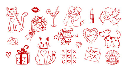Whimsical hand-drawn Valentine's Day illustrations in red, featuring cats, dogs, cupid, kissing couple, gifts, and romantic symbols.