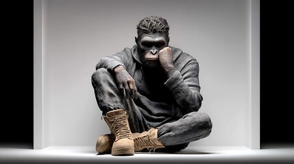 Thoughtful anthropomorphic ape figure wearing rugged boots and dark hooded clothing sits contemplatively within a minimalist illuminated display setting
