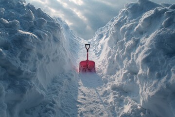 Fototapeta premium Red snow shovel standing in a trench of deep snow between towering snow walls
