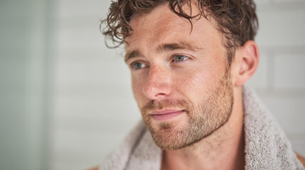 Obraz premium Contemplative Glance: A close-up of a handsome man with soft curly hair and a subtle beard. The serene atmosphere is emphasized by the soft focus. 