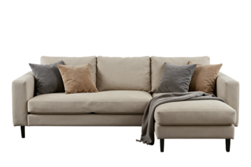 Modern beige sofa with chaise and decorative pillows