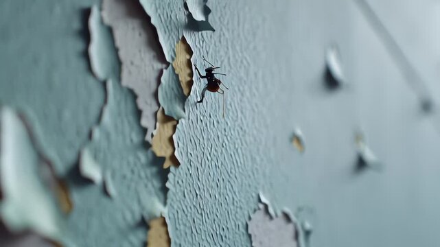 Small insect on old peeling paint texture, close-up of decaying surface