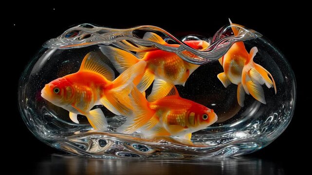 Group of Oranda Goldfish Swimming in a Clear Round Glass Bowl with