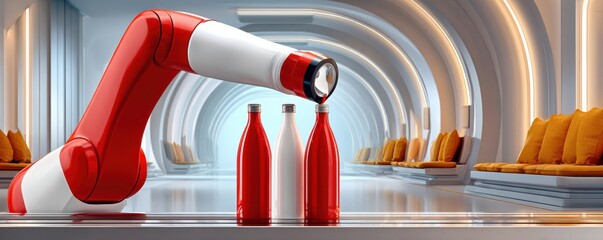 Fototapeta premium Robotic arm painting red bottles with white paint in a futuristic tunnel laboratory