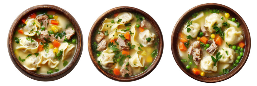 Hot meat pork soup with vegetables and doughboys dumplings in wooden bowl, isolated on white background, New Zealand cuisine