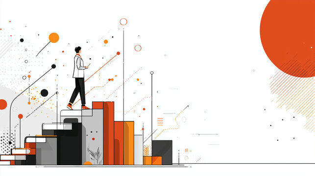 abstract business illustration of a person climbing a bar graph staircase towards a large sun, concept of career growth, professional success, and achieving future goals in a modern flat style.