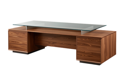 Modern Wooden Desk With Glass Top and Storage Cabinets