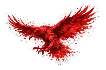 Obraz premium Red raven flying, abstract paint splatter creature, representing freedom, power, and intensity with feathered wings