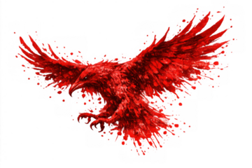 Red raven flying, abstract paint splatter creature, representing freedom, power, and intensity with feathered wings