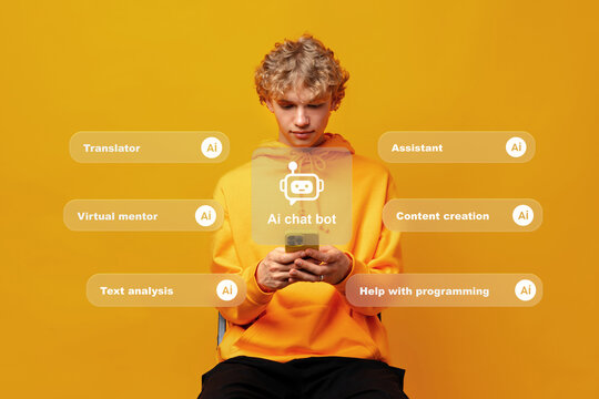 Young person using AI chat bot for various tasks on mobile device in bright setting