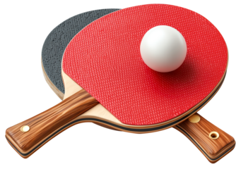 Table tennis paddle ping pong ball red black rubber wood sport equipment close view of red and black table tennis paddle set with wood handle and white ball, clean studio lighting, isolated