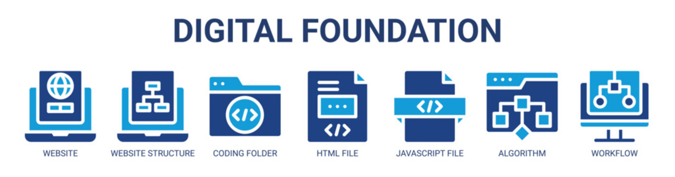 Digital Foundation web banner icon vector illustration concept with icon of website, website structure, coding folder, html file, javascript file, algorithm, and workflow.