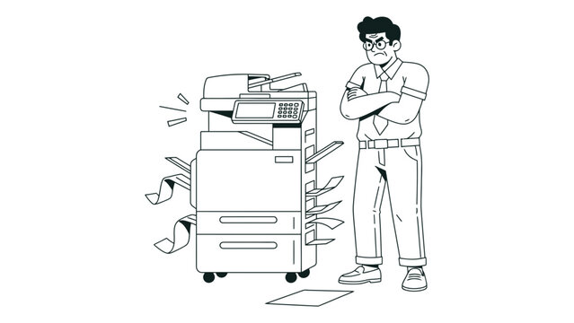 A frustrated office worker standing next to a broken copier machine