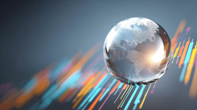 Global Markets: A crystal globe floats, interlaced with vibrant data streams. This image symbolizes the interconnectedness of global markets. - Powered by Adobe