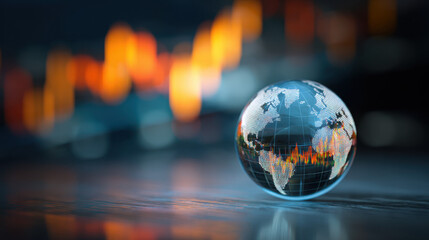 Global Financial Dynamics: A luminous glass globe sits poised atop a reflecting surface, its transparent form interwoven with a mesmerizing tapestry of financial trends and market insights.